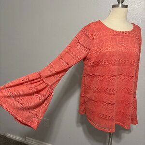 Kori America Coral Lace Boho Festival Bell Sleeve Crochet Blouse Women’s M‎
